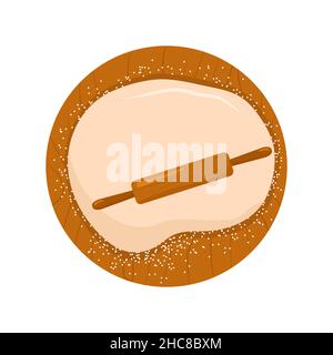 Gerollter Teig und Nudelholz. Zubereitung hausgemachte Pizza. Draufsicht. Bleiben Sie zu Hause und kochen gesunde Lebensmittel nach Rezept. Vektorgrafik in flacher Karikatur Stock Vektor