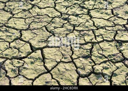 Trockenes Flussbett. Leeres, trockenes Flussbett mit rissem Boden. Konzept der globalen Erwärmung. Flache Wüstenlandschaft, ausgetrockneter Stausee, karge Erdsplitter Stockfoto