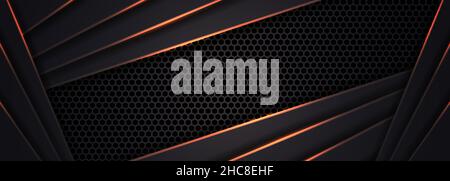Dunkelgraues, abstraktes, breites horizontales Banner mit sechseckigen Kohlefaserrastern und orangefarbenen leuchtenden Linien. Technologie-Vektor-Hintergrund mit orangefarbener Neonlinie Stock Vektor