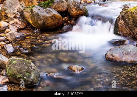 Nahaufnahme eines Flusses mit seidigem Wassereffekt.das Foto wurde auf der Alba-Route aufgenommen, die von der berühmten asturischen Stadt Soto de Agues startet. Stockfoto