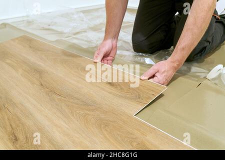 Handwerker renovieren eine Wohnung und legen einen Klick Vinyl-Bodenbelag Stockfoto