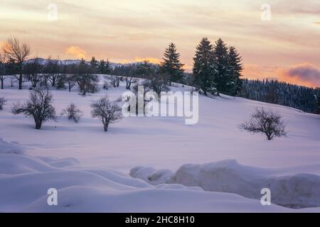 Fantastische Winterlandschaft bei Sonnenuntergang. Farbenfroher Himmel, der durch Sonnenlicht leuchtet. Dramatische winterliche Szene. Stockfoto