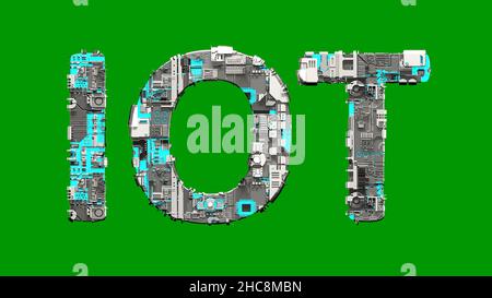 IOT blau und grau Metall Text in Cyber Punk-Stil, isoliert - Objekt 3D Rendering Stockfoto