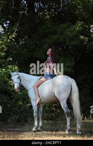 Schönes Modell cowgirl Bareback ihr Pferd im Wald Lichtung bei Sonnenuntergang Stockfoto