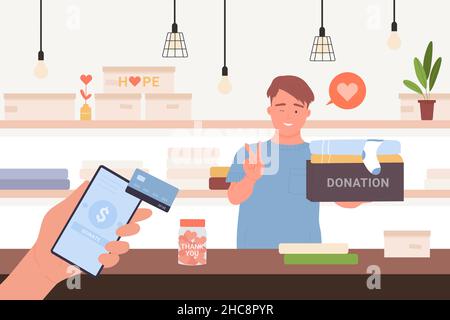 Hand hält das Telefon, um Geld an Fundraising-Organisation durch Handy-App-Vektor-Illustration zu spenden. Cartoon Freiwilliger mit Spendenbox lächelnd, arbeitet im humanitären Dienst. Wohltätigkeitskonzept Stock Vektor