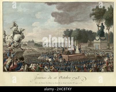 Ein Stich der Hinrichtung von Marie Antoinette am 16th. Oktober 1793 auf dem Place de la Révolution (jetzt Place de La Concorde) Stockfoto