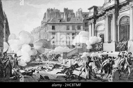 Die Niederschlagung des pro-Royalisten-Aufstands auf den Straßen von Paris am 5th. Oktober 1795 (der 13th von Vendemiare im revolutionären Kalender). Ein junger General Napoleon Bonaparte befahl den Truppen, auf den Stufen der Kirche Saint Roch in der Rue St Honoré, Paris, Grabenfeuer auf die Massen zu schießen. Stockfoto