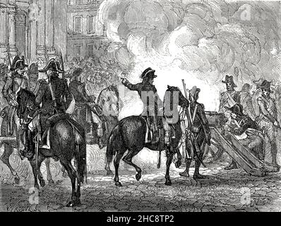 Die Niederschlagung des pro-Royalisten-Aufstands auf den Straßen von Paris am 5th. Oktober 1795 (der 13th von Vendemiare im revolutionären Kalender). Ein junger General Napoleon Bonaparte befahl den Truppen, auf den Stufen der Kirche Saint Roch in der Rue St Honoré, Paris, Grabenfeuer auf die Massen zu schießen. Stockfoto