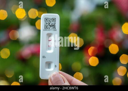 Frau führt zu Hause einen lateralen Durchflusstest auf Coronavirus durch. Stockfoto