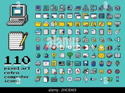 Retro Computer Interface Elemente gesetzt. Alte PC-UI-Symbolwerte für Computer, Ordner, Notizblock-Textdokument, Medienlaser-CD, Ordner, Akku Stock Vektor