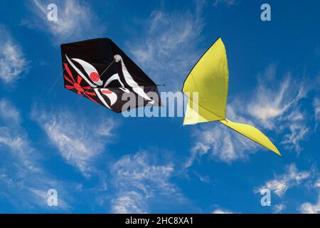 Zwei Drachen fliegen am blauen Himmel Stockfoto