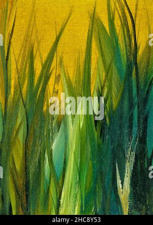 Ölmalerei grüner Tulpenblätter auf gelbem Hintergrund. Stockfoto