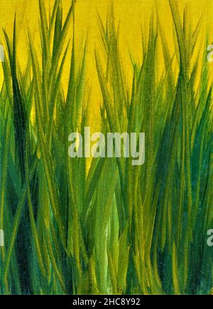 Ölmalerei grüner Tulpenblätter auf gelbem Hintergrund. Stockfoto