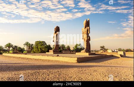 Kolossale Statuen auf dem Weg zum Totentempel der Hatschepsut, Luxor, Ägypten. Stockfoto