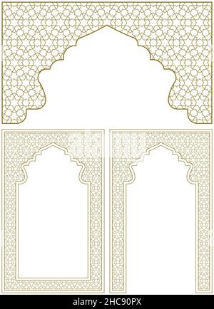 Ein Satz aus drei Designelementen. Zwei Rahmen und ein Bogen . Ornament im arabischen geometrischen Stil Stock Vektor