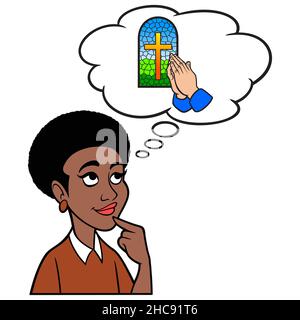 Black Woman Thinking about Church - Eine Karikatur-Illustration einer schwarzen Frau, die darüber nachdenkt, am Sonntag in der Kirche zu beten. Stock Vektor