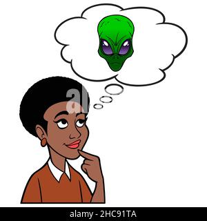 Black Woman Thinking about a Space Alien - Eine Cartoon-Illustration einer schwarzen Frau, die an einen Space Alien denkt. Stock Vektor