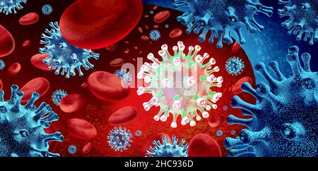 Neue Variante Ausbreitung und mutierendes Virus Konzept und neue Coronavirus Ausbruch oder Covid-19 virale Zellmutation und Influenza Hintergrund als gefährliche Grippe. Stockfoto