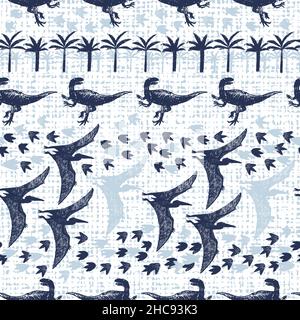 Vektor weiße Leinwand Dinosaurier Skizze wiederholen Muster mit fliegenden Dinos, Fuß Drucke und Bäume. Perfekt für Textilien, Geschenkdraps und Tapeten. Stock Vektor