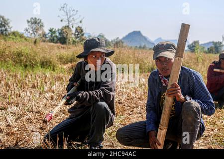 Kayin State, Myanmar. 27th. November 2021. Mitglieder der Volksverteidigungskräfte der Gesellschaft 101 nehmen an der militärischen Ausbildung im Wald des Staates Kayin Teil.die Volksverteidigungskräfte (PDF) sind der bewaffnete Flügel der Regierung der Nationalen Einheit (NUG) in Myanmar, die nach dem Staatsstreich vom Februar 1st 2021 gegründet wurde. Die NUG lehnt die aktuelle Militärjunta ab und behauptet, die legitime Regierung von Myanmar zu sein. Der bewaffnete Flügel der NUG wurde am 5th. Mai 2021 von Jugendlichen aus Myanmar und pro-demokratischen Aktivisten gebildet. Die Militärjunta bezeichnete die PDF am 8th. März als terroristische Organisation Stockfoto