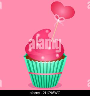 Muffin mit Creme und Topper mit Herz für den valentinstag Stock Vektor