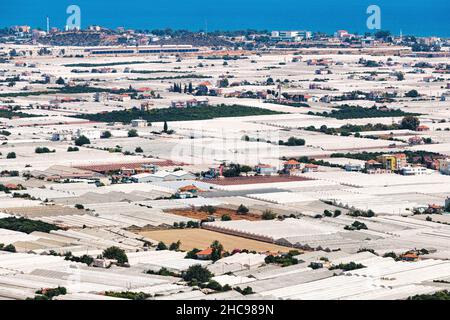 Luftaufnahme von vielen Gewächshäusern, die sich über das Resort und die landwirtschaftliche Stadt Demre in der Türkei erstrecken. Landwirtschaft und Produktion von Gurken, t Stockfoto