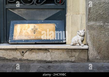 Detail der Eingangstür eines antiken Palastes aus dem Jahr 1700, mit dem Stadtwappen und einer kleinen Statue, die eine Katze darstellt Stockfoto