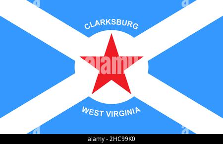 Draufsicht auf die Flagge Clarksburg, West Virginia, ungebundene Staaten von Amerika. USA Patriot und Reisekonzept. Kein Fahnenmast. Ebenendesign, Layout. Flagge nach hinten Stockfoto