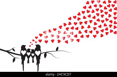 Familienvögel auf Zweig. Vögel Silhouetten auf Zweig mit Herzen Illustration isoliert auf weißem Hintergrund, Vektor. Wandtattoos, Kunstwerke, Kunstdesign Stock Vektor