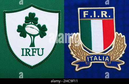 Nahaufnahme von Irland und Italien Rugby Union Trikot Stockfoto