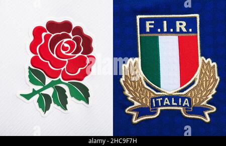 Nahaufnahme des Rugby-Union-Trikots von England und Italien Stockfoto