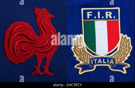 Nahaufnahme des Rugby-Union-Trikots in Frankreich und Italien Stockfoto