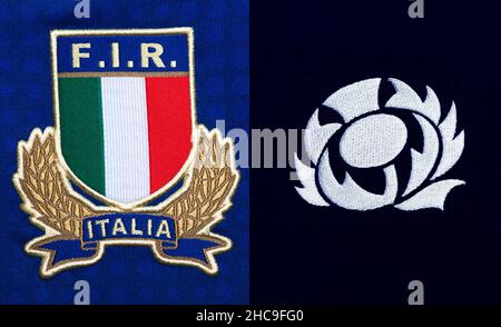 Nahaufnahme von Italien und Schottland Rugby Union Trikot Stockfoto