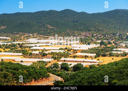 Luftaufnahme von verschiedenen Gewächshäusern und landwirtschaftlichen Feldern im ländlichen Türkei. Landwirtschaft und Unternehmensproduktion von Gemüse und Obst in der grünen eg Stockfoto