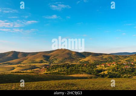 Zlatibor Hügellandschaft im Sommer von oben, Luftdrohnen-Fotografie von grünen Weideland und Wäldern Stockfoto