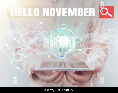 Textschild mit der Meldung „Hallo November“. Business Showcase Willkommen den elften Monat des Jahres vor Dezember Lady in Uniform mit futuristischen Stockfoto