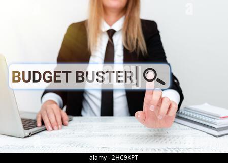 Schreiben mit dem Text Budget Buster. Geschäftsidee sorgenfreie Ausgaben Schnäppchen unnötige Einkäufe Überausgaben erklären Unternehmensproblem Stockfoto