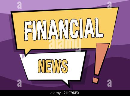 Textschild mit Finanznachrichten. Internet-Konzept Investmentbanking Fondmanagement Regulierung und Handel zwei farbenfrohe, sich überlappende Dialogfelder Stockfoto