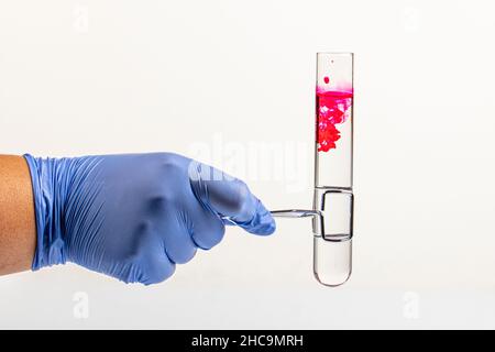 Reagenzglas mit rotem Reagenz und Pipette in Nahaufnahme. Farbige Flüssigkeit im Reagenzglas in der Hand. Blut- oder andere rote Flüssigkeitstropfen von der Glaspipette zum Reagenzglas, Stockfoto