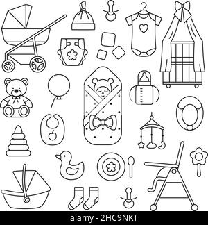 Neugeborenes Baby Zubehör dünne Linie Objekte Set. Stock Vektor