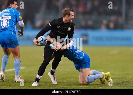 LONDON, GROSSBRITANNIEN. 26th, Dezember 2021. Max Malins von Saracens in Aktion während der Gallagher Premiership Rugby-Runde 11 im Twickenham Stoop Stadium am Sonntag, den 26. Dezember 2021. LONDON, ENGLAND. Kredit: Taka G Wu/Alamy Live Nachrichten Stockfoto