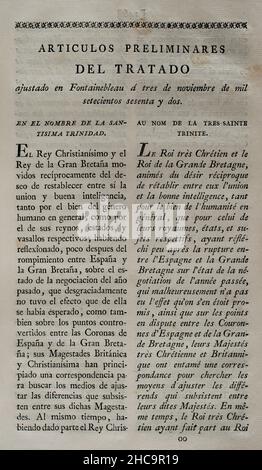 Vorläufige Artikel des Vertrags, die am 3. November 1762 in Fontainebleau zwischen den Königreichen Frankreich und Spanien geschlossen wurden. Frankreich übergab Spanien das historische nordamerikanische Territorium von Louisiana, eine der Verwaltungsabteilungen von Neufrankreich (das von Frankreich in Nordamerika kolonisierte Gebiet). Sammlung der Verträge über Frieden, Allianz und Handel, die von der spanischen Krone mit den ausländischen Mächten angepasst wurden (Colección de los Tratados de Paz, Alianza, Comercio ajustados por la Corona de España con las Potencias Extranjeras). Band III Madrid, 1801. Historische Militärbibliothek von Barcelona, Catalo Stockfoto