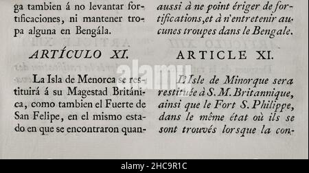 Vorläufige Artikel des Vertrags, die am 3. November 1762 in Fontainebleau zwischen den Königreichen Frankreich und Spanien geschlossen wurden. Frankreich übergab Spanien das historische nordamerikanische Territorium von Louisiana, eine der Verwaltungsabteilungen von Neufrankreich (das von Frankreich in Nordamerika kolonisierte Gebiet). Artikel XI (über die Rückgabe der Insel Menorca und des Fort St. Philip durch Frankreich an Großbritannien). Sammlung der Verträge über Frieden, Allianz und Handel, die von der spanischen Krone mit den ausländischen Mächten (Colección de los Tratados de Paz, Alianza, Comercio ajustados por la Corona de Espa) angepasst wurden Stockfoto