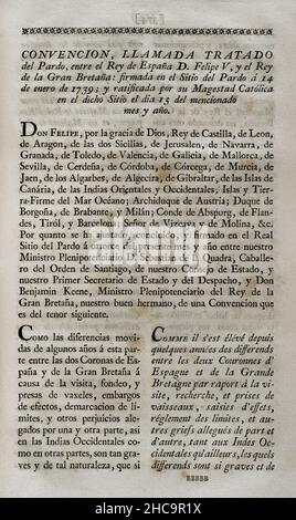 „Pardo-Übereinkommen“. Vertrag zwischen König Philipp V. von Spanien und König Georg III. Von Großbritannien zur Beilegung von Schadensersatzansprüchen, die bei Durchsuchungen britischer Schiffe und anderer anhängiger Ansprüche zwischen beiden Ländern entstanden sind. Unterzeichnet am 14. Januar 1739 in der königlichen Stätte von El Pardo. Sammlung der Verträge über Frieden, Allianz und Handel, die von der spanischen Krone mit den ausländischen Mächten angepasst wurden (Colección de los Tratados de Paz, Alianza, Comercio ajustados por la Corona de España con las Potencias Extranjeras). Band II. Madrid, 1800. Historische Militärbibliothek von Barcelona, Katalonien, Spanien. Stockfoto