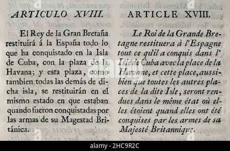 Vorläufige Artikel des Vertrags, die am 3. November 1762 in Fontainebleau zwischen den Königreichen Frankreich und Spanien geschlossen wurden. Frankreich übergab Spanien das historische nordamerikanische Territorium von Louisiana, eine der Verwaltungsabteilungen von Neufrankreich (das von Frankreich in Nordamerika kolonisierte Gebiet). Artikel XVIII (über die Rückgabe aller eroberten Länder auf der Insel Kuba durch Großbritannien an Spanien, einschließlich der Stadt Havanna). Sammlung der Verträge über Frieden, Allianz und Handel, die von der spanischen Krone mit den ausländischen Mächten (Colección de los Tratados de Paz, Alianza, Comercio Stockfoto