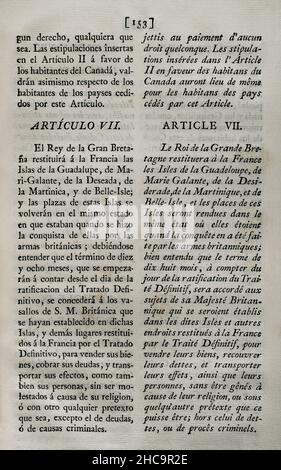 Vorläufige Artikel des Vertrags, die am 3. November 1762 in Fontainebleau zwischen den Königreichen Frankreich und Spanien geschlossen wurden. Frankreich übergab Spanien das historische nordamerikanische Territorium von Louisiana, eine der Verwaltungsabteilungen von Neufrankreich (das von Frankreich in Nordamerika kolonisierte Gebiet). Artikel VII (über die Rückgabe der Inseln Guadeloupe, Marie-Galante, La Désirade, Martinique und Belle-Ile durch Großbritannien an Frankreich). Sammlung der Verträge über Frieden, Allianz und Handel, die von der spanischen Krone mit den ausländischen Mächten (Colección de los Tratados de Paz, Alianza, Comer Stockfoto