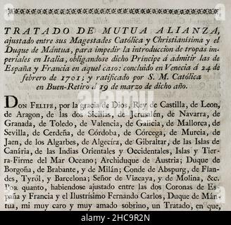 Vertrag der gegenseitigen Allianz, vereinbart zwischen König Philipp V. von Spanien und Ferdinand Karl III von Gonzaga, Herzog von Mantua, der den Herzog gezwungen, Truppen aus Spanien und Frankreich aufzunehmen. Am 24. Februar 1701 in Venedig abgeschlossen und am 19. März dieses Jahres in Buen-Retiro ratifiziert. Sammlung der Verträge über Frieden, Allianz und Handel, die von der spanischen Krone mit den ausländischen Mächten angepasst wurden (Colección de los Tratados de Paz, Alianza, Comercio ajustados por la Corona de España con las Potencias Extranjeras). Band I. Madrid, 1796. Historische Militärbibliothek von Barcelona, Katalonien, Spanien. Stockfoto