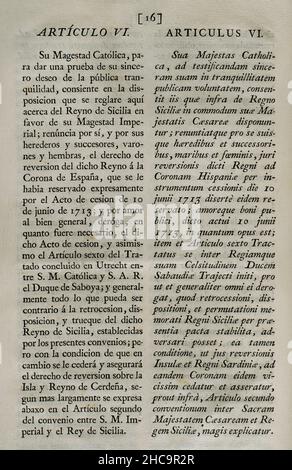 Vierfache Allianz. Gegründet am 2. August 1718 in London durch das Heilige Römische Reich, die Vereinigten Provinzen der Niederlande, Frankreich und Großbritannien, Mit dem Ziel, eine Koalition als Reaktion auf die spanische Kriegslust zu bilden, die sich weigerte, den Vertrag von Utrecht von 1713 in Bezug auf die ehemaligen spanischen Gebiete in Italien und den Niederlanden einzuhalten. Mit der Unterzeichnung des "Vertrags von Den Haag" (17. Februar 1720) trat Spanien dem Vertrag der Viererallianz bei, der eine Teilung umstrittener Gebiete neu organisierte. Dieser Vertrag wurde am 20. Mai dieses Jahres von König Philipp V. von Spanien in Aranjuez ratifiziert Stockfoto