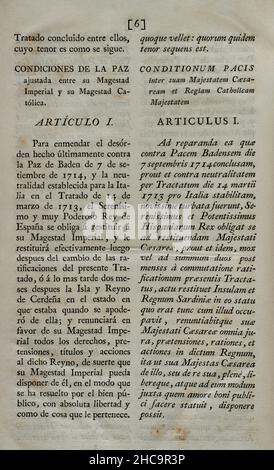 Vierfache Allianz. Gegründet am 2. August 1718 in London durch das Heilige Römische Reich, die Vereinigten Provinzen der Niederlande, Frankreich und Großbritannien, Mit dem Ziel, eine Koalition als Reaktion auf die spanische Kriegslust zu bilden, die sich weigerte, den Vertrag von Utrecht von 1713 in Bezug auf die ehemaligen spanischen Gebiete in Italien und den Niederlanden einzuhalten. Mit der Unterzeichnung des "Vertrags von Den Haag" (17. Februar 1720) trat Spanien dem Vertrag der Viererallianz bei, der eine Teilung umstrittener Gebiete neu organisierte. Dieser Vertrag wurde am 20. Mai dieses Jahres von König Philipp V. von Spanien in Aranjuez ratifiziert Stockfoto