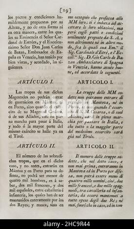 Vertrag der gegenseitigen Allianz, vereinbart zwischen König Philipp V. von Spanien und Ferdinand Karl III von Gonzaga, Herzog von Mantua, der den Herzog gezwungen, Truppen aus Spanien und Frankreich aufzunehmen. Am 24. Februar 1701 in Venedig abgeschlossen und am 19. März dieses Jahres in Buen-Retiro ratifiziert. Artikel I und II Sammlung der Verträge über Frieden, Allianz und Handel, die von der spanischen Krone mit den ausländischen Mächten angepasst wurden (Colección de los Tratados de Paz, Alianza, Comercio ajustados por la Corona de España con las Potencias Extranjeras). Band I. Madrid, 1796. Historische Militärbibliothek von Barcelona, Katalonien, Stockfoto